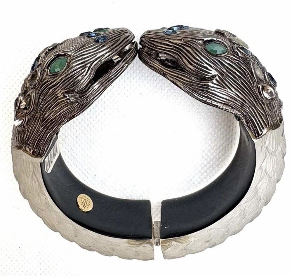 Alexis Bittar Double Snake Head Carved Lucite Hinged Cuff Bracelet Crystal